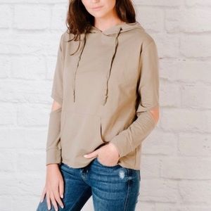 Olive green hoodie light weight sweater with cut out arm holes